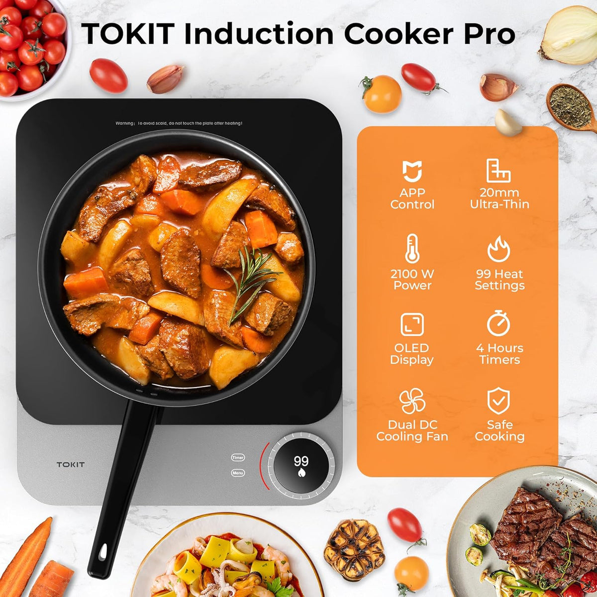TOKIT Inductiekookplaat, 2100 W, enkele inductiekookplaat, draagbaar, 99 vermogensniveau, met oled-display, timer, 20 mm, ultradunne app-controle, temperatuursensor, van glas