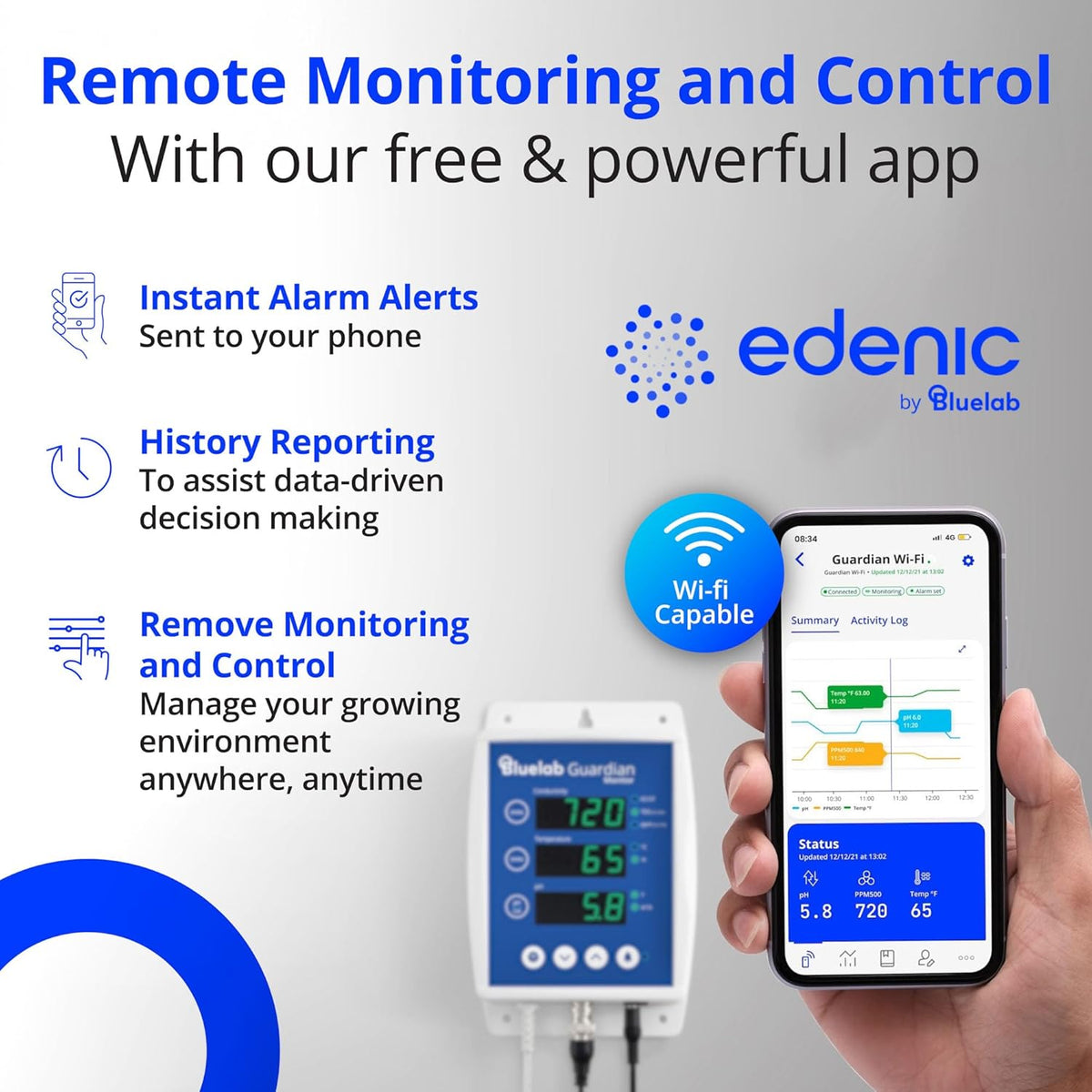 bluelab Guardian Monitor inline wifi voor real-time metingen van pH, temperatuur en geleiding (TDS/PPM) in water met kalibratie, 3-1 digitale voedingsstofmeter voor inline doseersystemen