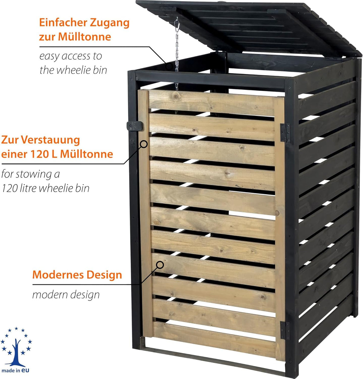 dobar® Green Label Vuilniscontainerombouw, 1 stuk, 120 l, in antraciet-zwart, van hout, als bouwpakket, afvalcontainerbox met deksel en draaideur, tweekleurig, 67 x 64 x 94 cm