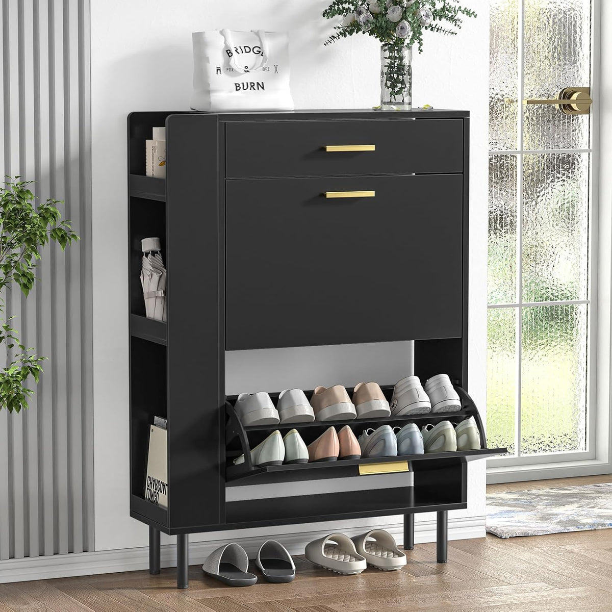 Schoenenkast – Schoenrek – Schoen opberger – Schoenenhouder – Schoenmeubel – Met Verstelbare Vakverdelers – Ruimtebesparend Ontwerp 75x24x105 cm – Rustiek Wit