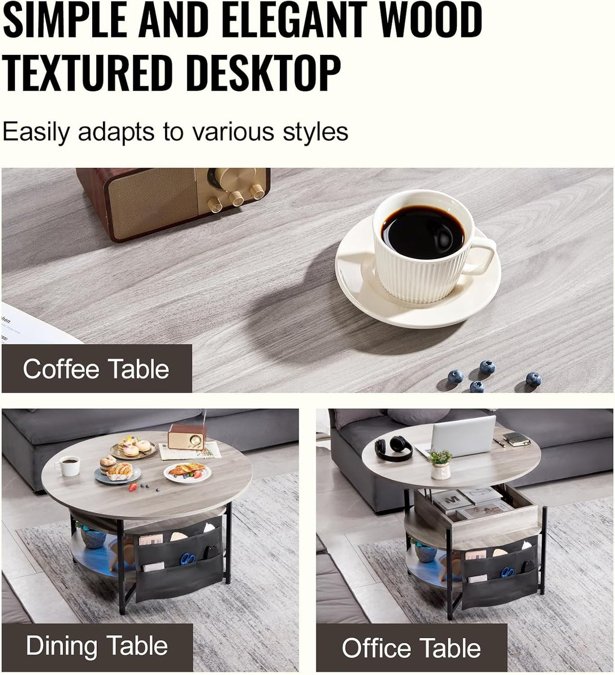 Coffee Table - Table - Coffe table - Living Room Table - Lift Top Coffee Table - Table with Extra Storage - Folding Coffee Table for Living Room - 35in - White - 57.76lbs