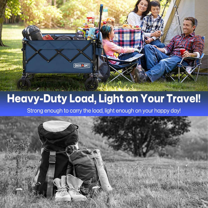 Overmont Opvouwbare bolderkar, inklapbare handwagen, met off-road brede wielen, tot 150 kg draagkracht, voor camping, sport, winkelen, tuin, blauw