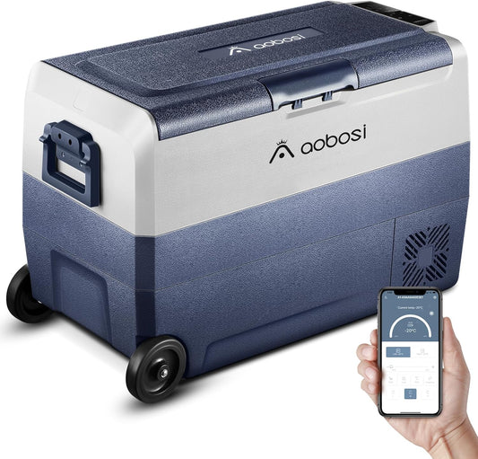 AAOBOSI Compressor-koelbox, 50 l, koelbox auto met wifi-app-bediening, 12/24 V en 100-240 V, elektrische koelbox, tot -20 °C, voor auto, vrachtwagen, boot, camper, camping, dual zone en twee