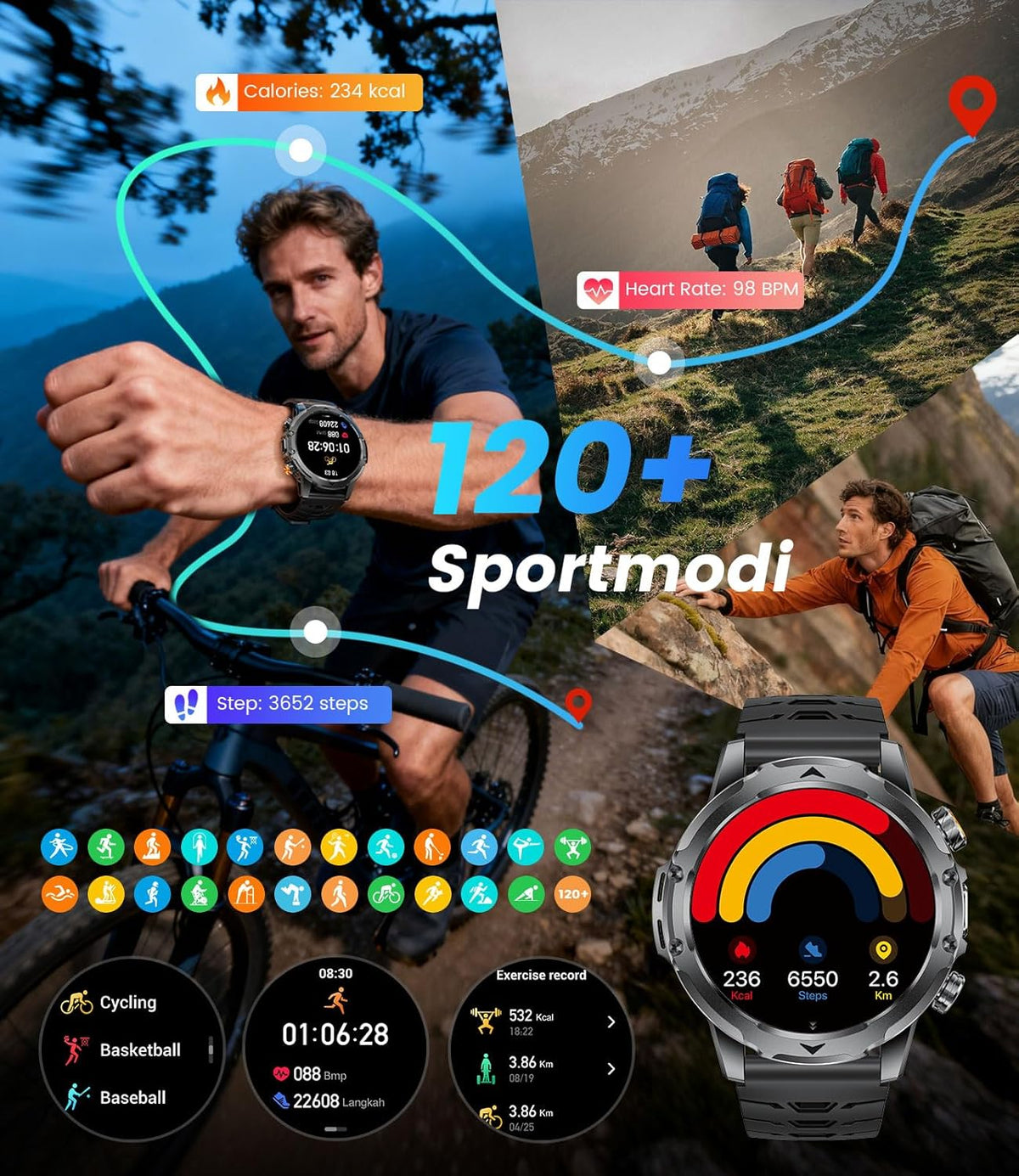 Smartwatch voor heren met oproepen/1000 mAh accu voor Android iOS, 1,53 inch HD groot touchscreen, militair smartwatch met 24 uur hartslag/110 sportmodi, IP68 waterdichte zaklamp, fitnesshorloge, 3