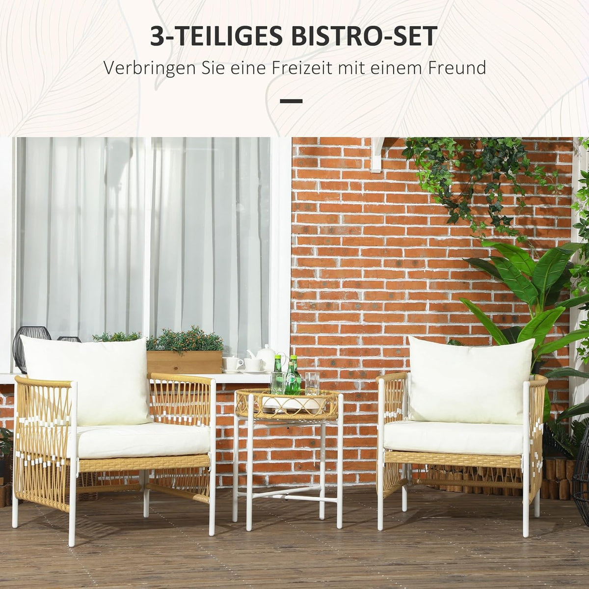 Outsunny 3-Piece Rattan Garden Furniture Set, Garden Set with 2 Garden Chairs, Coffee Table, Balcony Furniture Set with Cushions, for Balcony, Terrace, Yellow+Cream. - QUORE