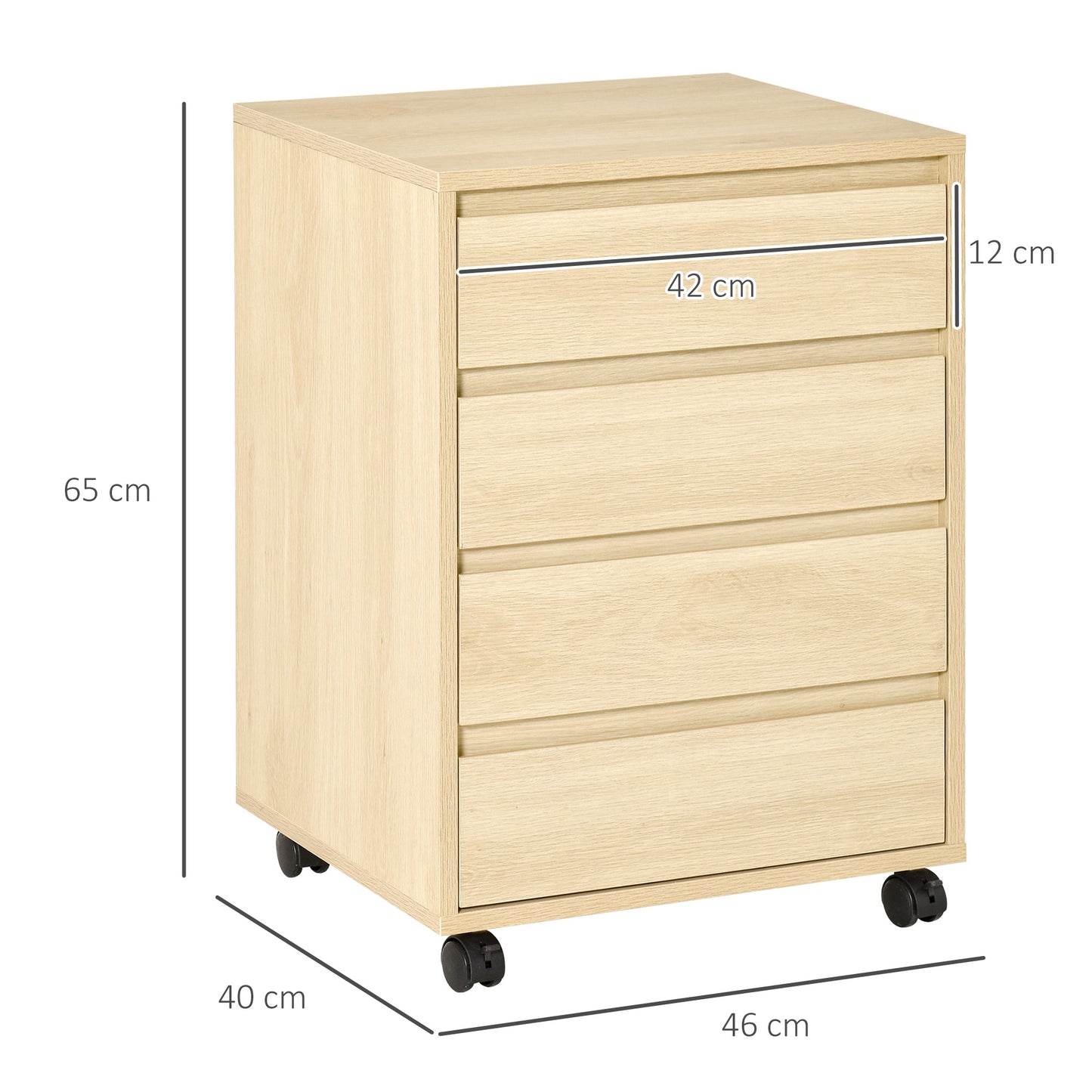 Ladekast op Wieltjes – Opbergkast – Bureaukast – Ladenblok – Kantoorkast – Natuurlijk Houtdecor – 4 Schuifladen – Wieltjes met Rem
