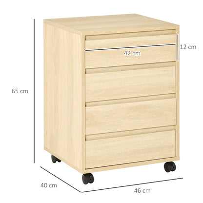 Ladekast op Wieltjes – Opbergkast – Bureaukast – Ladenblok – Kantoorkast – Natuurlijk Houtdecor – 4 Schuifladen – Wieltjes met Rem