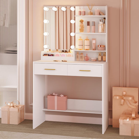 Hzuaneri Dressing Table with Mirror and 10 LED Lighting, Makeup Table with 4 Open Storage Shelves and 2 Compartments, Dressing Table with 2 Drawers, for Bedroom, Living Room, White DT39203XV1