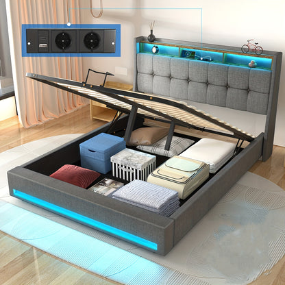 Tweepersoonsbed – Opbergbed – Bedframe – Gasliftbed – Bed Met LED-Verlichting – 140x200 cm – Hydraulische Opbergruimte – Grijs Linnen Bekleed