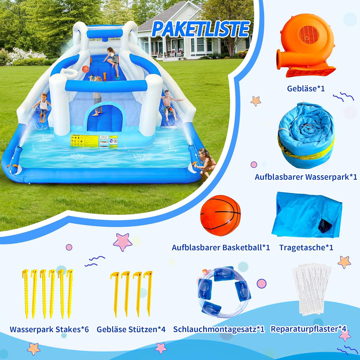 Opblaasbaar waterspeelpark, springkasteel met waterglijbaan, trampoline, basketbalkorf en 2 waterpistolen, outdoor springkasteel voor kinderen, geschikt voor tuin en feest - QUORE