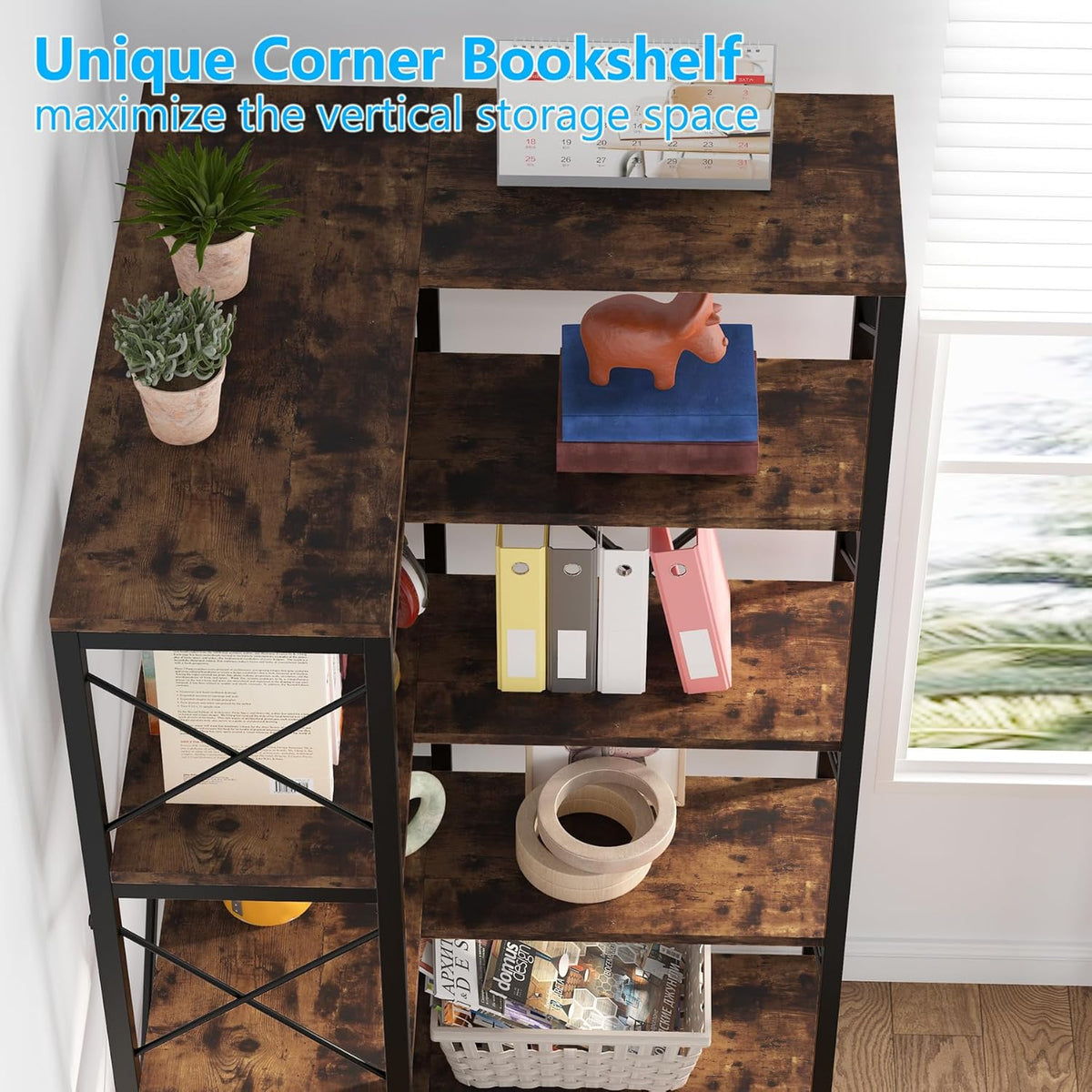 Tribesigns 5 Piece Corner Bookshelf, Large Modern Corner Book Shelf, 5 Tier Tall Corner Shelf, Metal Frame Storage Rack for Living Room, Home Office (Brown)