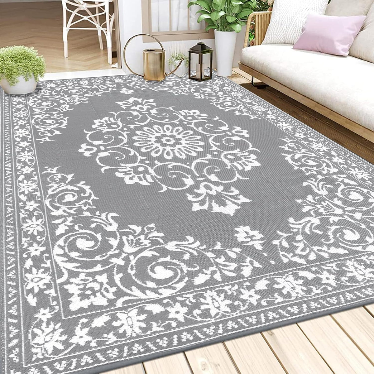 Buiten Vloerkleed - Buitenkleden - Buitentapijt - Opvouwbaar - UV-bestendig - Waterdicht - Omkeerbaar - Buitenmatten - voor Buiten - Balkon - Strand - Picknick -Terras - Rechthoekig - 240 x 300 cm - Grijs