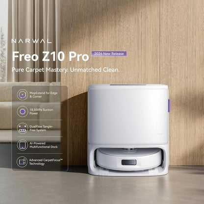 NARWAL Freo Z10 Pro Robotstofzuiger en Dweil, 18500Pa, CarpetFocus 2.0, DualFlow 2.0 Anti-klit voor Haren, Uitschuifbare Dweil, LDS Radarnavigatie, 75℃ Warm Water Zelfreiniging, Zelfreinigend