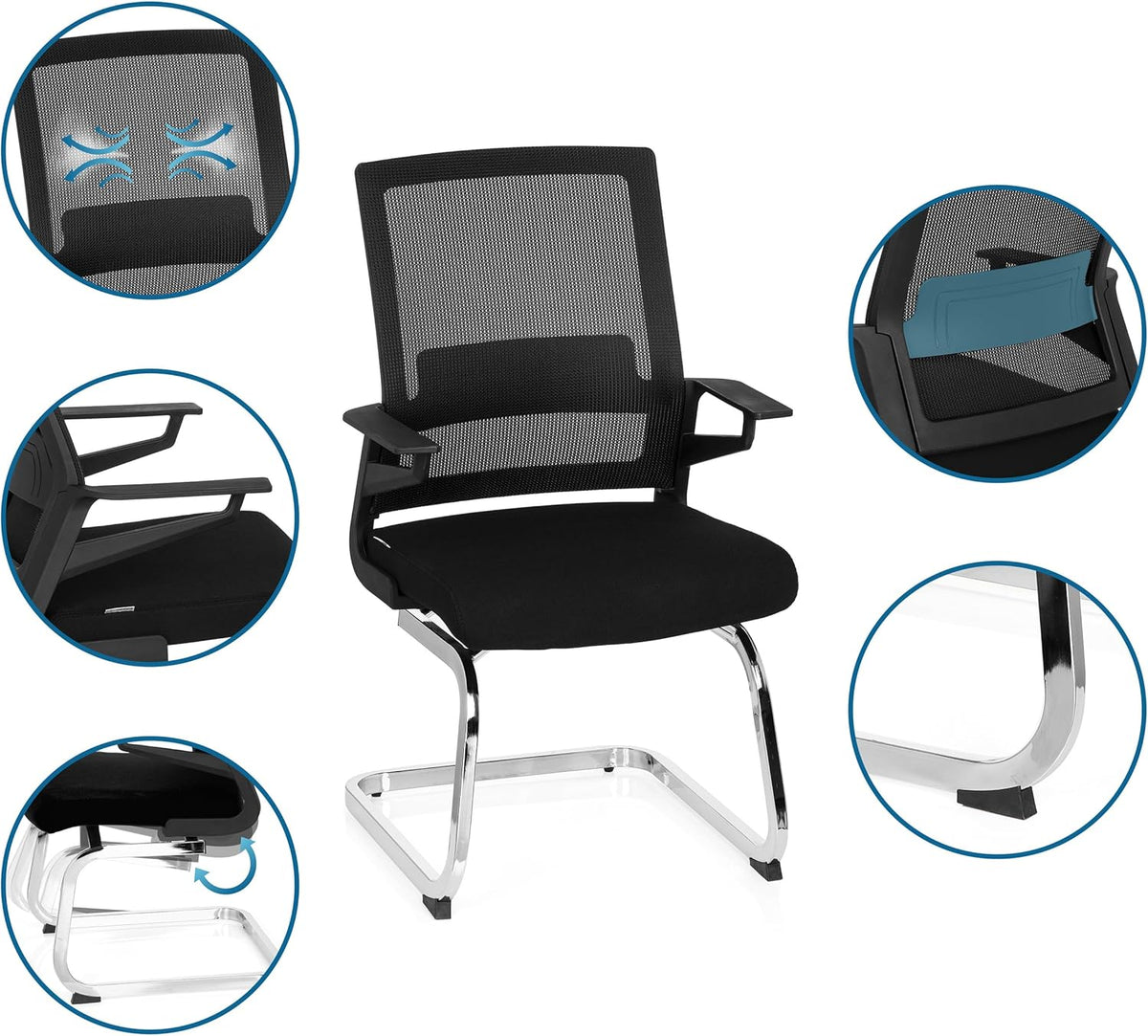 hjh OFFICE 732060 bezoekersstoel Inventor V stof/netrug zwarte stoel cantilever met lendensteun
