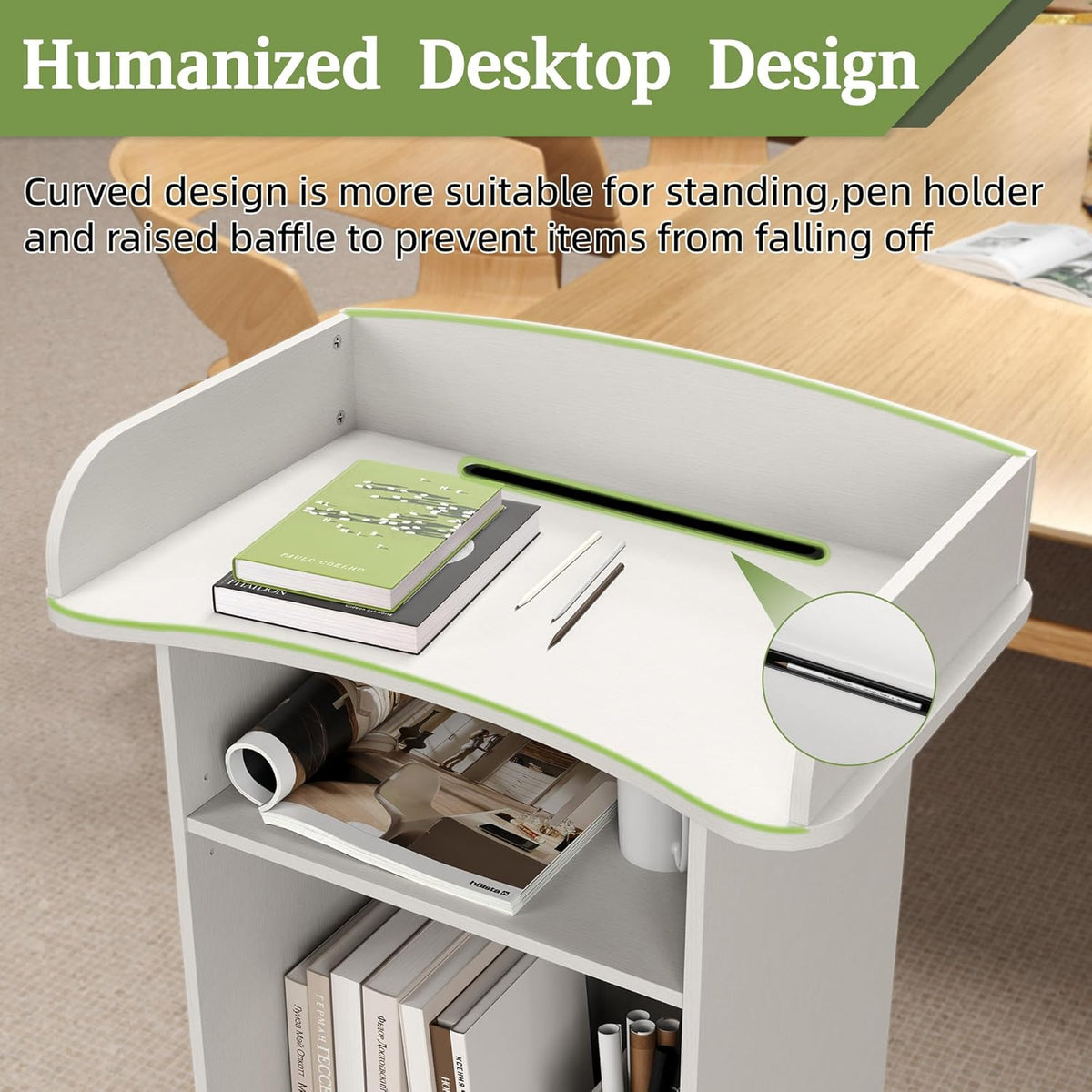 Houten Podium Witte Lessenaar met Opslag Plank Podium Stand met Kast Mobiele Lessenaar Stand met Wielen Preekstoel Stand