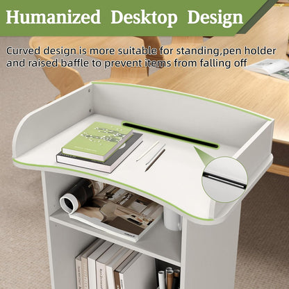 Houten Podium Witte Lessenaar met Opslag Plank Podium Stand met Kast Mobiele Lessenaar Stand met Wielen Preekstoel Stand