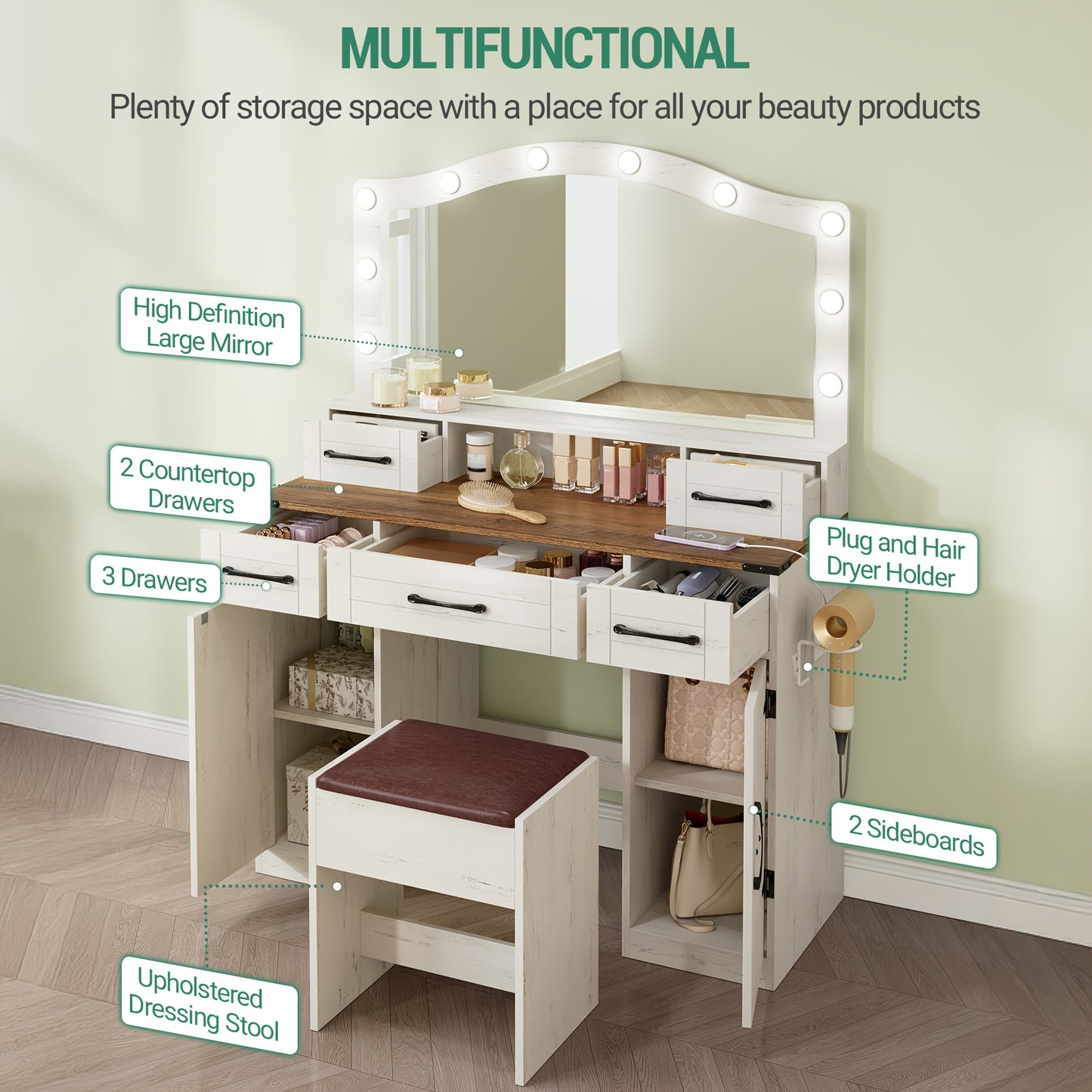 Kaptafel – Make-up Tafel – Cosmeticatafel – Opmaken Tafel – Vanity Table – Met Spiegel en LED Verlichting – 108 cm Breed – Inclusief Krukje en Stopcontact