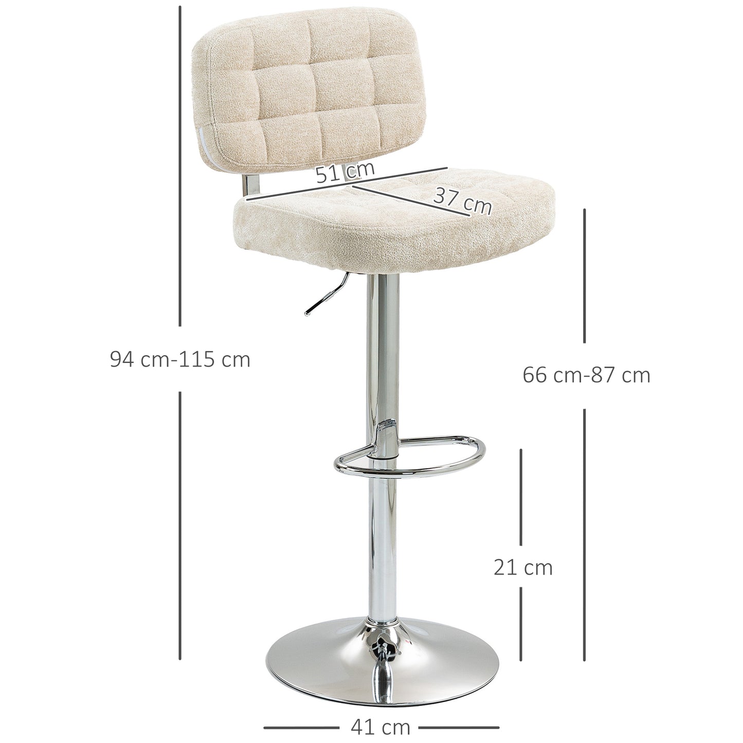 Barstoel – Barkruk – Barstoel Met Rugleuning – Keukenstoel – Barkruk Met Voetsteun – Verstelbare Hoogte 66-87 Cm – 360º Draaibaar – Bouclé Bekleding Beige