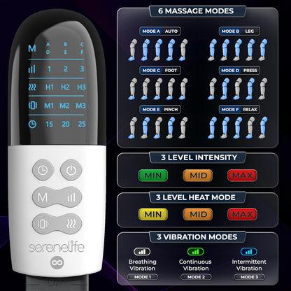 SereneLife Luchtcompressie Beinum Massager, Volledige Massager met Warmte en Compressie, Draagbaar en Verstelbaar, 6 Modi, 3 Vibraties, 3 Intensiteiten, 11 Luchtkussens voor Dijen, Kuiten - QUORE