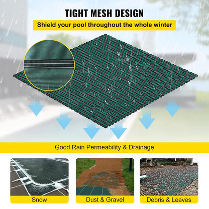 VEVOR Veiligheidsafdekking voor ingegraven zwembaden, 4,9 x 9 m, groen net, veiligheidsdeken, afmetingen 5,5 x 9,8 m, met installatiegereedschap voor winterzwembad, bestand tegen zon, wind