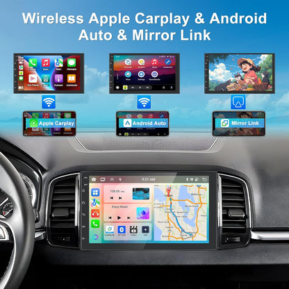 Podofo Android autoradio 2 Din met draadloos Carplay Android Auto, 4+64G 7 inch Android Bluetooth autoradio 2 Din met scherm met 59 UI, GPS, WiFi, SWC, RDS/FM-radio + achteruitrijcamera