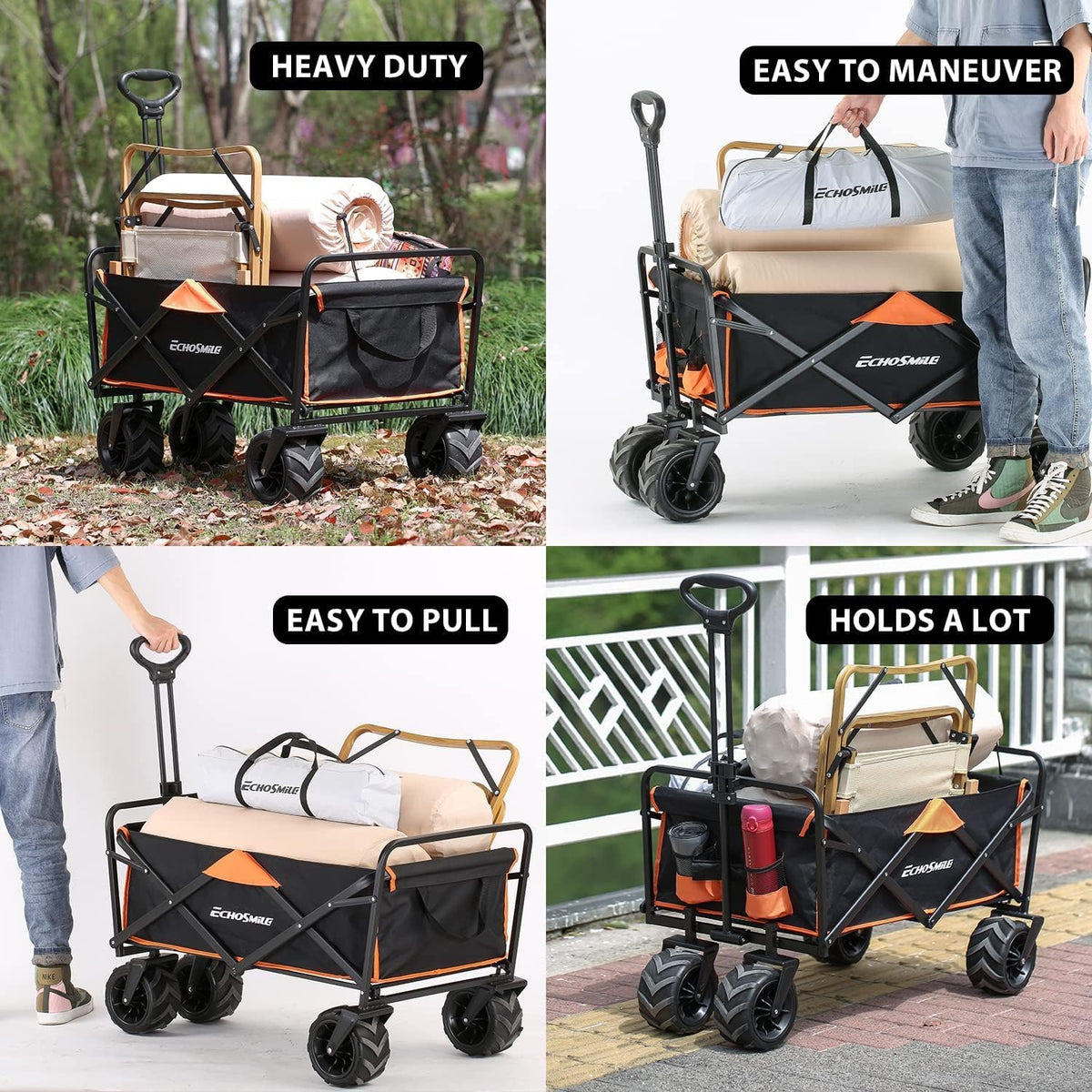 EchoSmile Bolderkar, opvouwbaar, 200 liter, 160 kg belastbaar, handwagen, transportwagen, inklapbaar met verstelbare handgreep en zijzakken, brede wielen, voor alle terrassen, strandwagen, tuinwagen