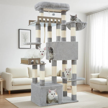 Large Cat Scratching Post for Large Adult Cats, 174 cm Cat Scratching Post with Hammock, 2 Large Sitting Bars, 2 Cat Cavities, 15 Scratching Bars, Light Grey GCT033W - QUORE