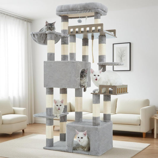 Grote krabpaal voor grote volwassen katten, 174 cm kattenkrabpaal met hangmat, 2 grote zitstangen, 2 kattenholten, 15 krabstangen, lichtgrijs GCT033W