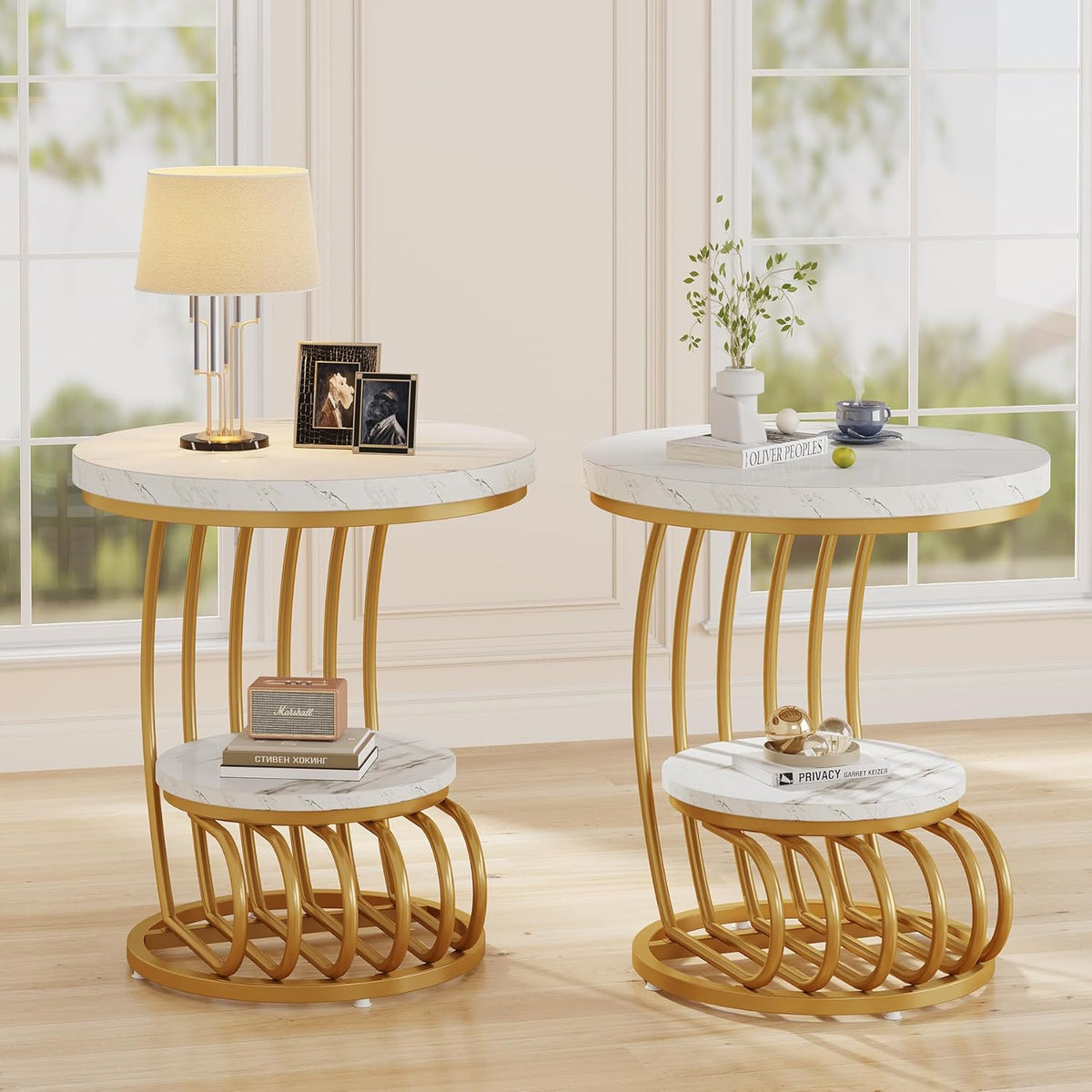 Tribesigns Golden round side table: 2-stage side table in set of 2 with storage compartment, modern bedside table in white gold, accent table made of metallic marble for living room