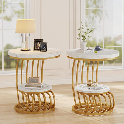 Tribesigns Golden round side table: 2-stage side table in set of 2 with storage compartment, modern bedside table in white gold, accent table made of metallic marble for living room