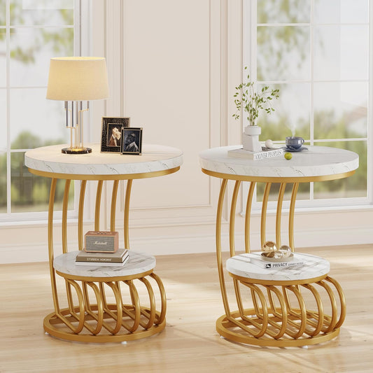 Tribesigns Golden round side table: 2-stage side table in set of 2 with storage compartment, modern bedside table in white gold, accent table made of metallic marble for living room