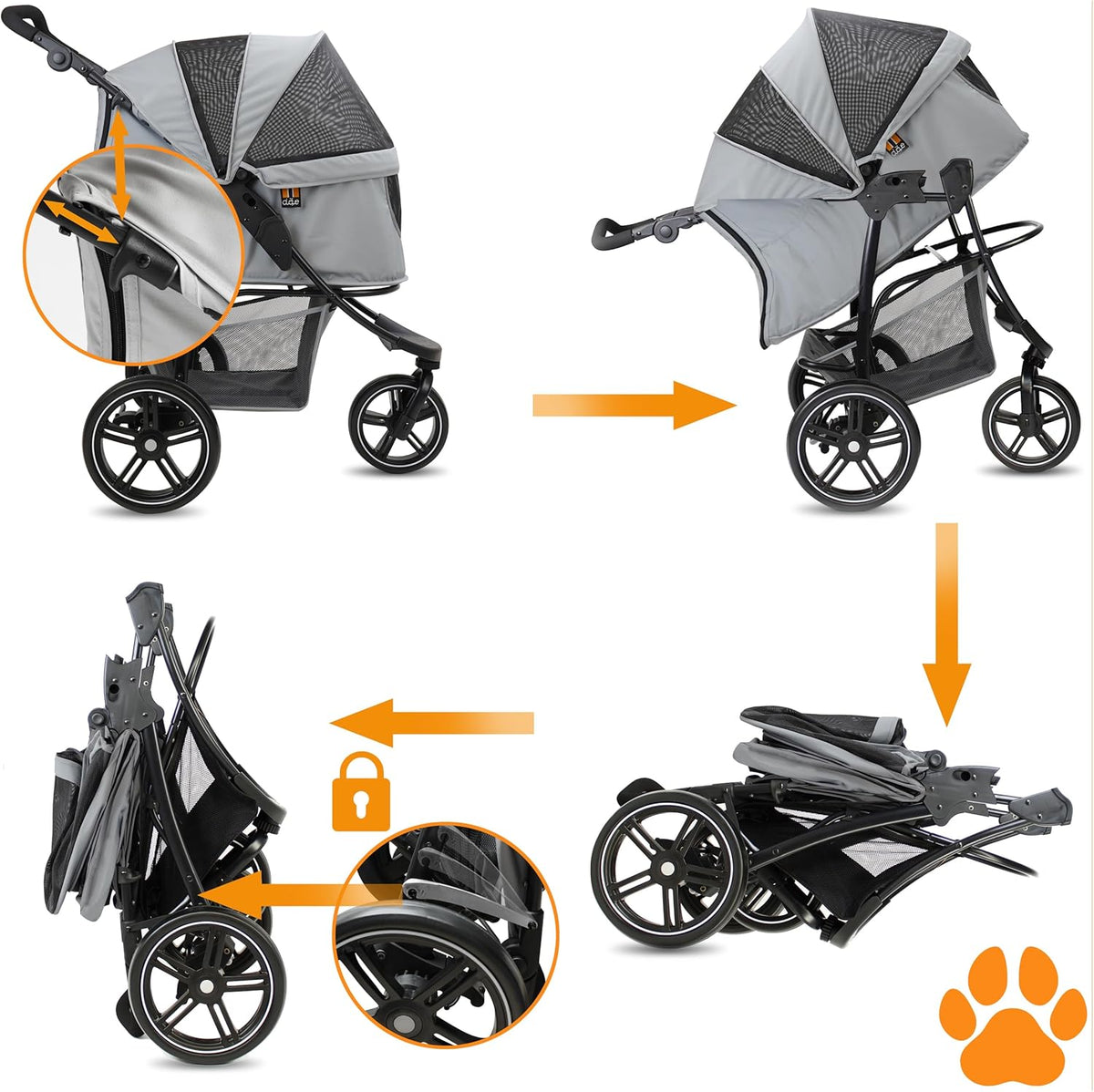 COOPER Hondenwagen en huisdierbuggy tot 32 kg, met opbergmand voor boodschappen, eenvoudig opvouwbaar, 3-voudig in hoogte verstelbaar, reflecterend en modern design, grijs