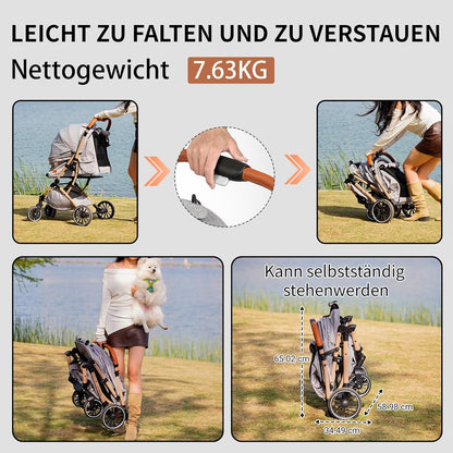 EchoSmile Opvouwbare hondenwagen, hondenbuggy tot 20 kg, voor kleine middelgrote honden en katten, hondenbuggy en kattenwagen met omkeerbare handgreep, schokdemping en afneembaar wasbaar pad, grijs