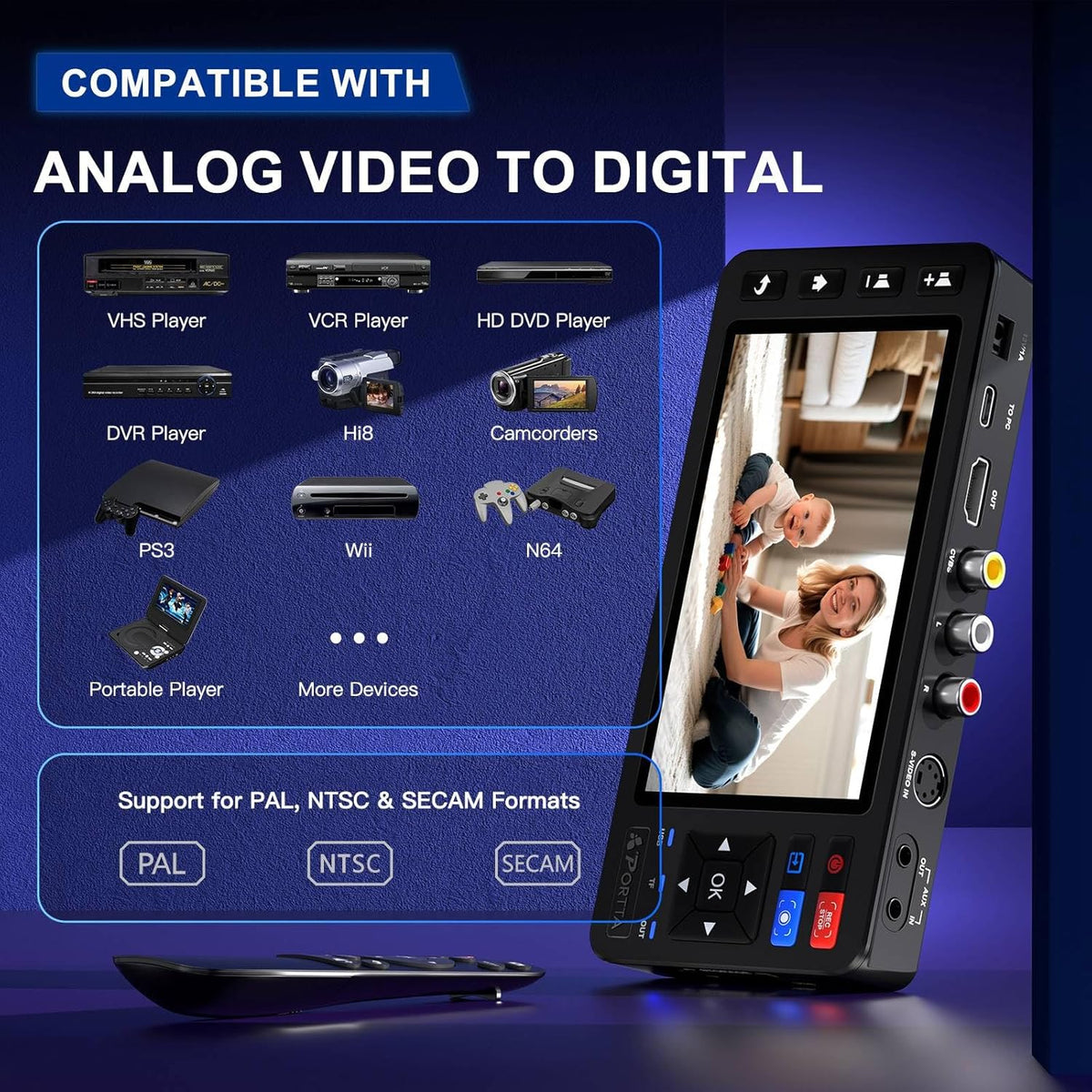 Portta VD20P VHS naar Digital Converter met 5" HD Screen, Video Capture Recorder Convert to MP4 Compatibel met VHS, VCR, DVR, DVD, Hi8, Mini DV, Camcorders, (cassettespeler niet inbegrepen)