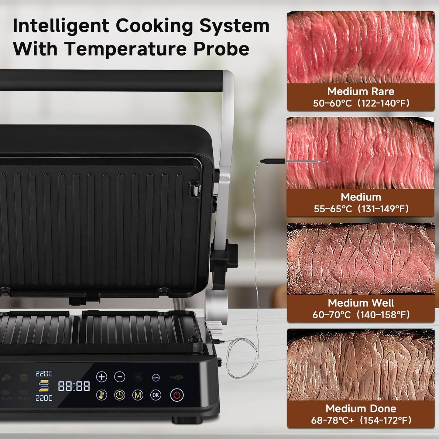 AMZCHEF 6-in-1 Health Grill & Griddle met 180° verstelbare platen, GrillBoost (280 °C), indoor grill, 4 antiaanbakplaten voor steaks en meer, 2000 W, vaatwasmachinebestendig