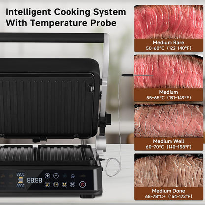 AMZCHEF 6-in-1 Health Grill & Griddle met 180° verstelbare platen, GrillBoost (280 °C), indoor grill, 4 antiaanbakplaten voor steaks en meer, 2000 W, vaatwasmachinebestendig