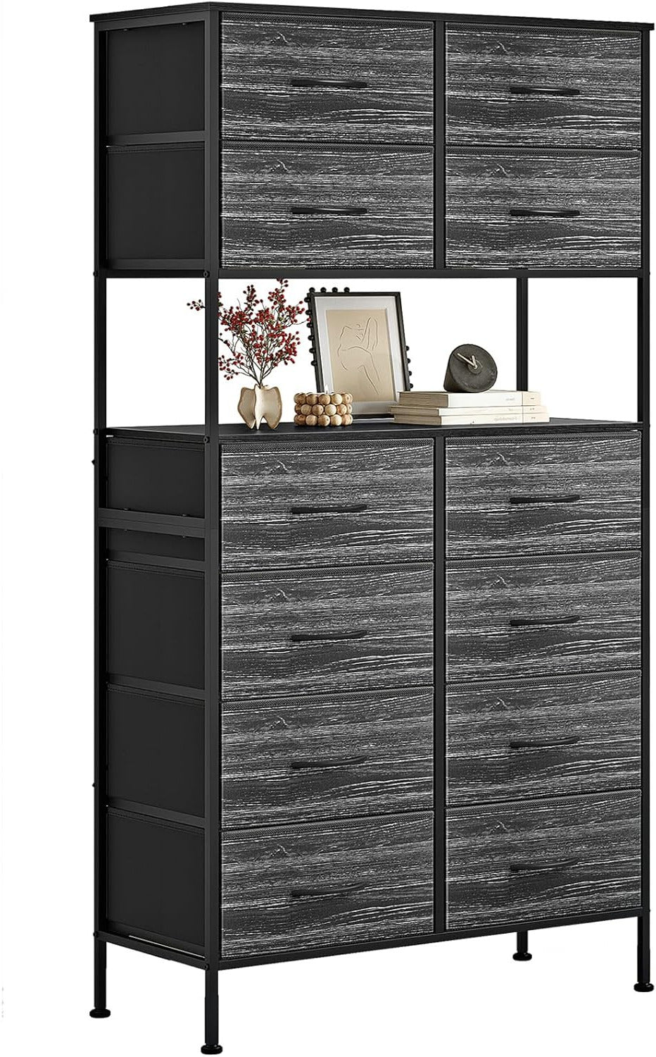 Ladekast – Ladenkast – Commode – Dressoir – Opbergkast – 12 Lades – Met Open Middenstuk – Zwart Metalen Frame