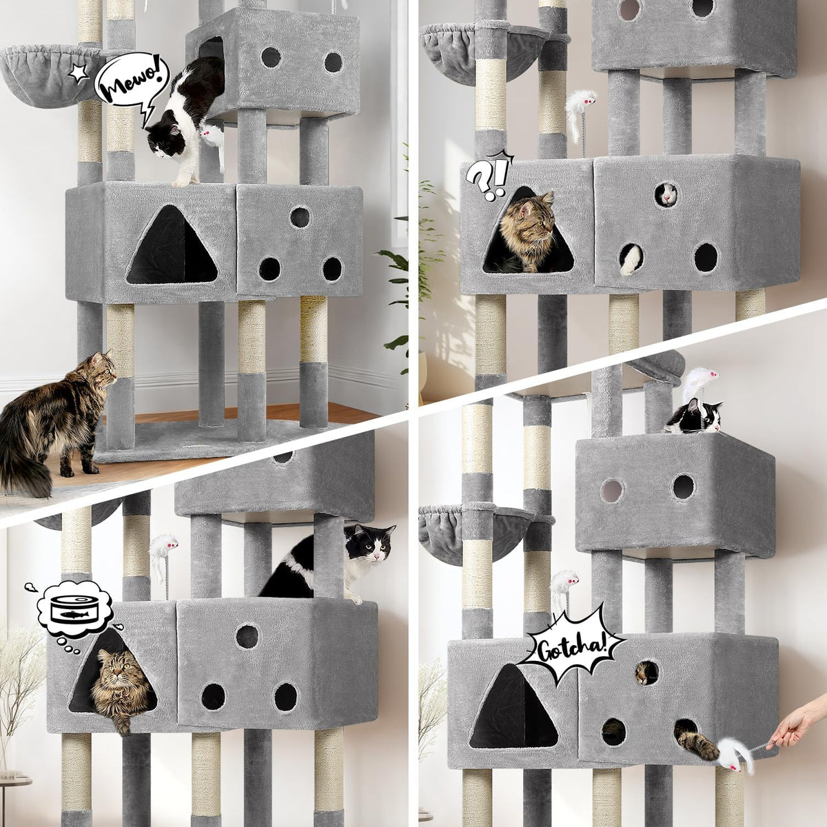 XXL Krabpaal – Kattenboom – Krabmeubel – Krabpaal Groot – Kattenhuis – 207 cm Hoog – 3 Kattenhuisjes – Comfortabel Ligmandje – Stabiel Design – Lichtgrijs