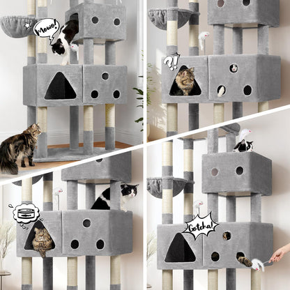 XXL Krabpaal – Kattenboom – Krabmeubel – Krabpaal Groot – Kattenhuis – 207 cm Hoog – 3 Kattenhuisjes – Comfortabel Ligmandje – Stabiel Design – Lichtgrijs