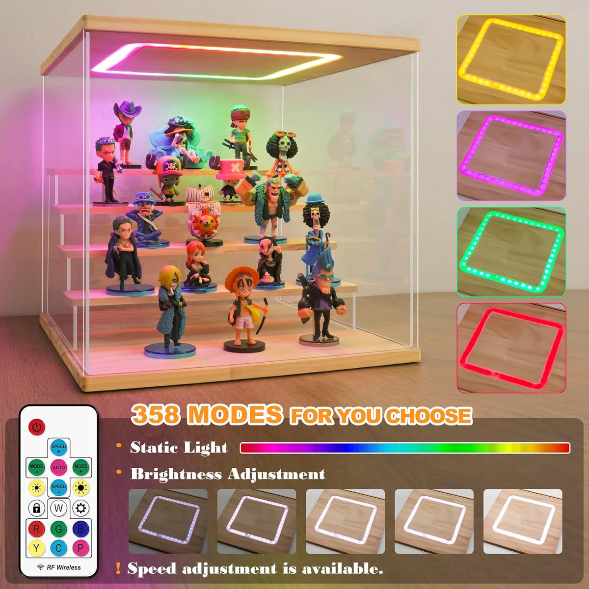 Nonemey Transparante Acryl Vitrinestandaard met Kleurrijk Led Licht,3/4/5/6 Lagen Vitrinekast Stofdichte Organisator Acryl Doos voor Verzamelobjecten Figurines (Hout, 6Tier-49*30*40 cm)