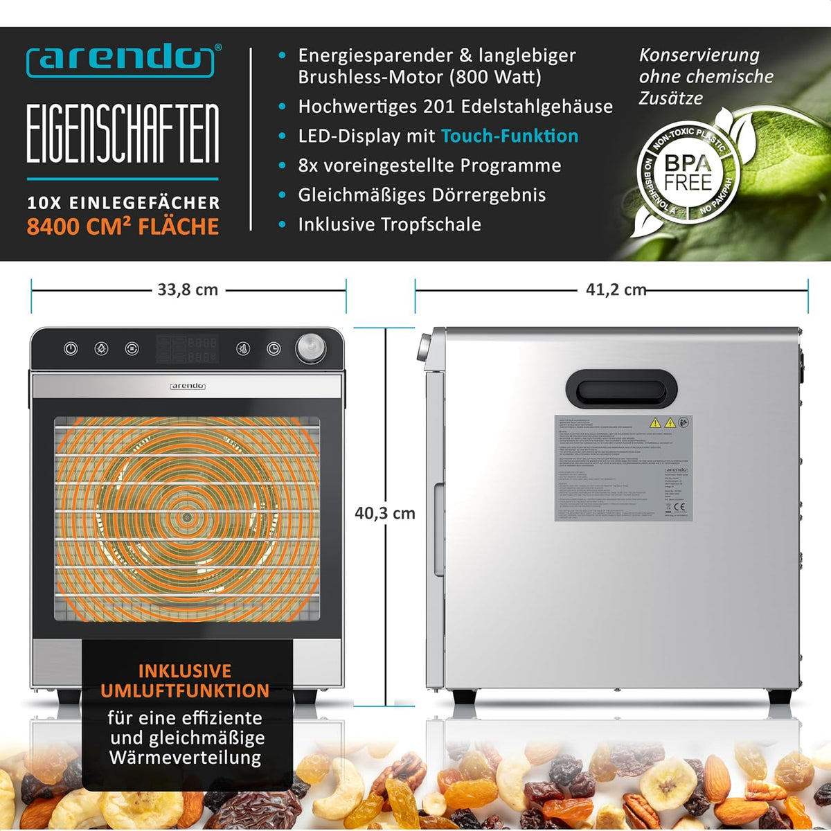 Arendo - Voedseldroger van roestvrij staal met 10 roestvrijstalen roosters - 8400 cm² - droogapparaat dehydrator fruitdroger droogapparaat - fruit, vlees, paddenstoelen enz