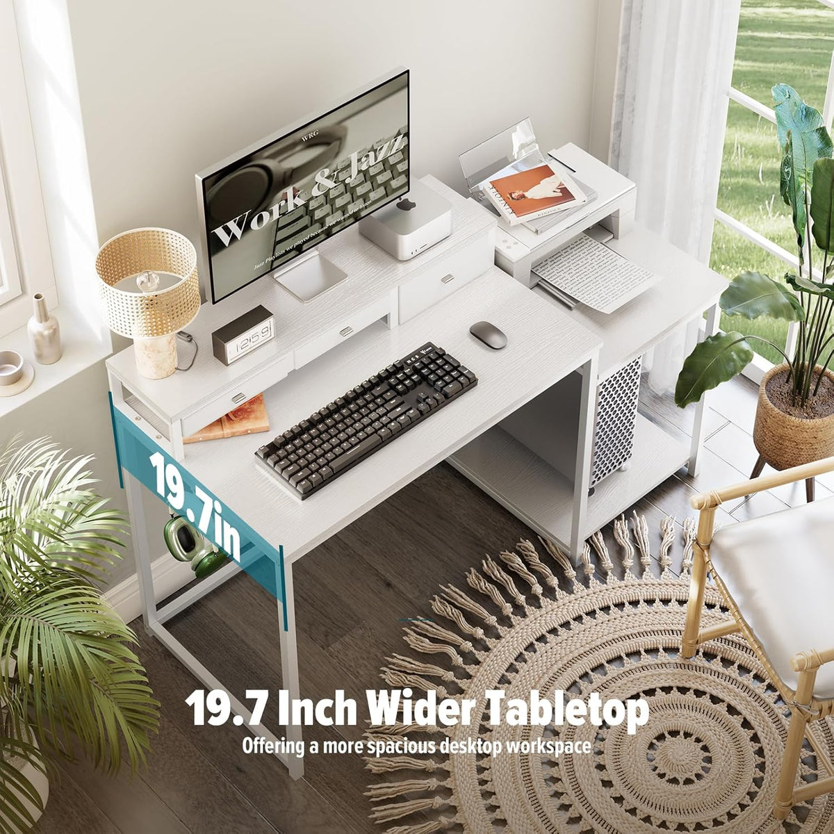 WOHOMO 47 inch computerbureau met printerplank, gamingbureau met monitorstandaard en laden, omkeerbaar thuiskantoor bureau met opbergplanken en 4 haken, thuiswerkstation voor studie schrijven, wit