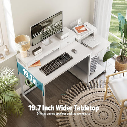 WOHOMO 47 inch computerbureau met printerplank, gamingbureau met monitorstandaard en laden, omkeerbaar thuiskantoor bureau met opbergplanken en 4 haken, thuiswerkstation voor studie schrijven, wit