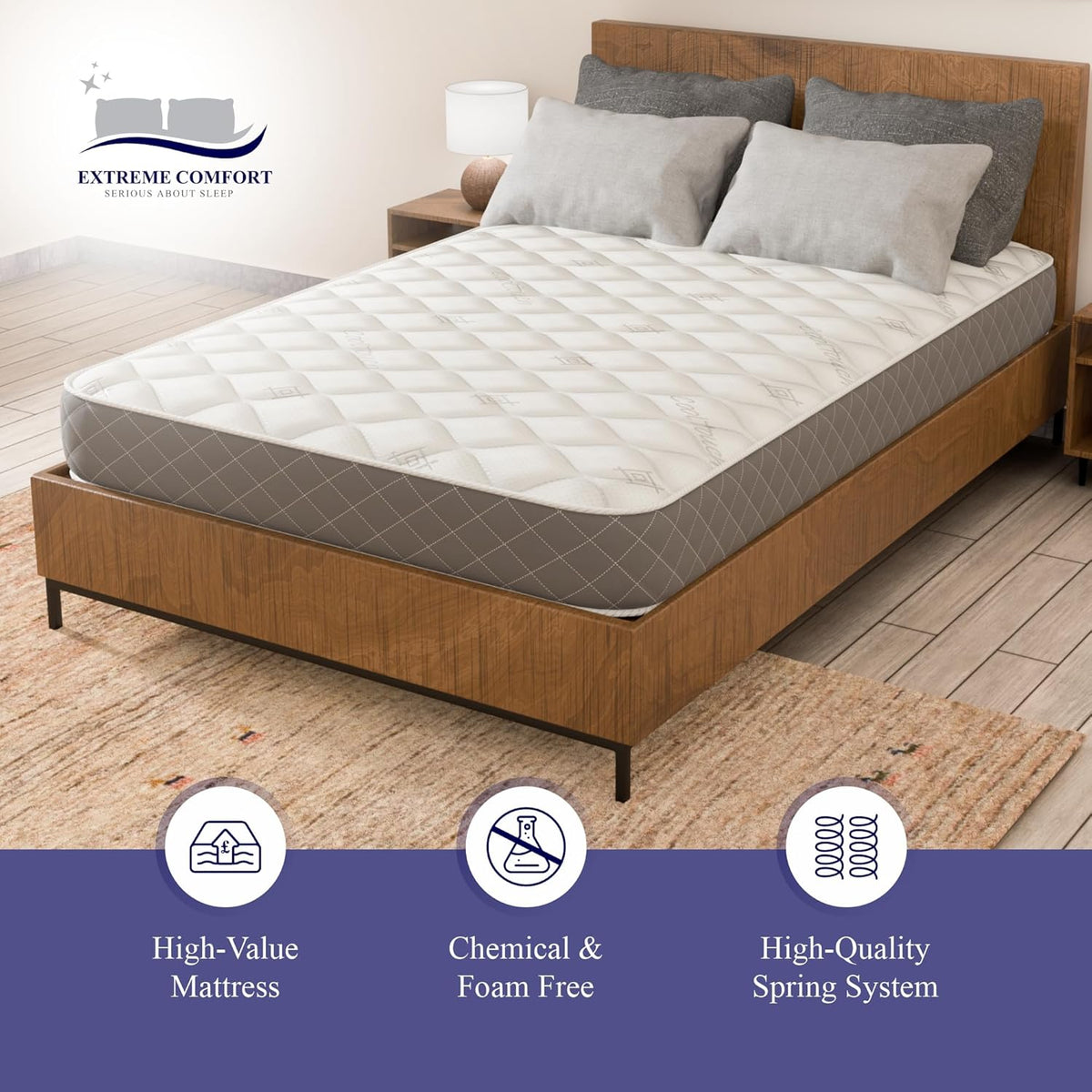 Extreme Comfort Cooltouch Plus Diamond Essentials Schuimvrije Pinna-Coil Bonnell Binnenveer Maximale Waarde Matras Pluche Feel, Grijs, 18 cm Diep, 4ft6 Dubbel