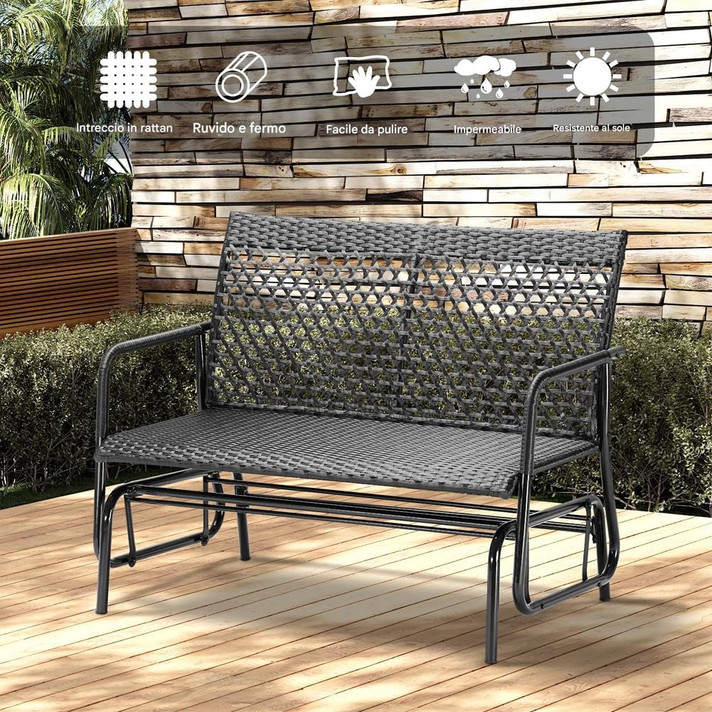 BAKAJI Hollywood schommelbank van rotan, 2 plaatsen voor buiten, tuinbank, kantelbank, ergonomisch, met structuur tegen uv-stralen en weersinvloeden, geschikt voor balkon, terras, terras