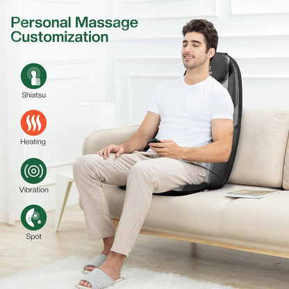 Snailax Shiatsu massagestoelkussen, massagekussen voor nek en schouder, rugmassageapparaat met warmte- en vibratiefunctie, massagestoel, cadeaus voor mannen en vrouwen