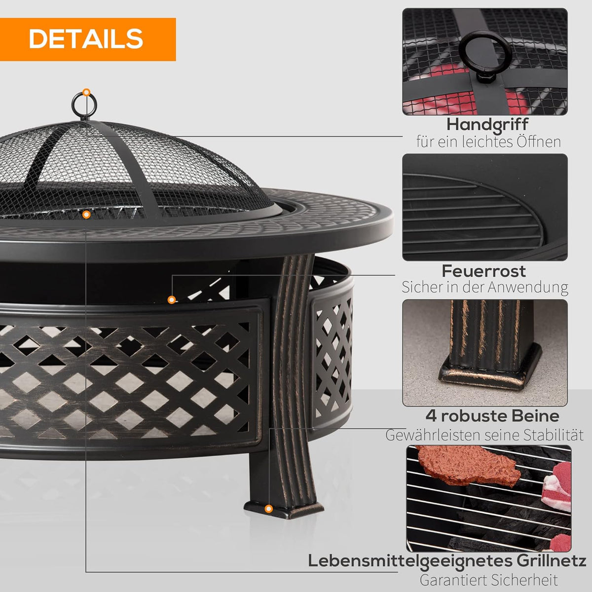 Outsunny fire bowl with poker spark protection fire pit fire table round fire pit for garden camping BBQ steel black 81 x 81 x 50 cm - QUORE