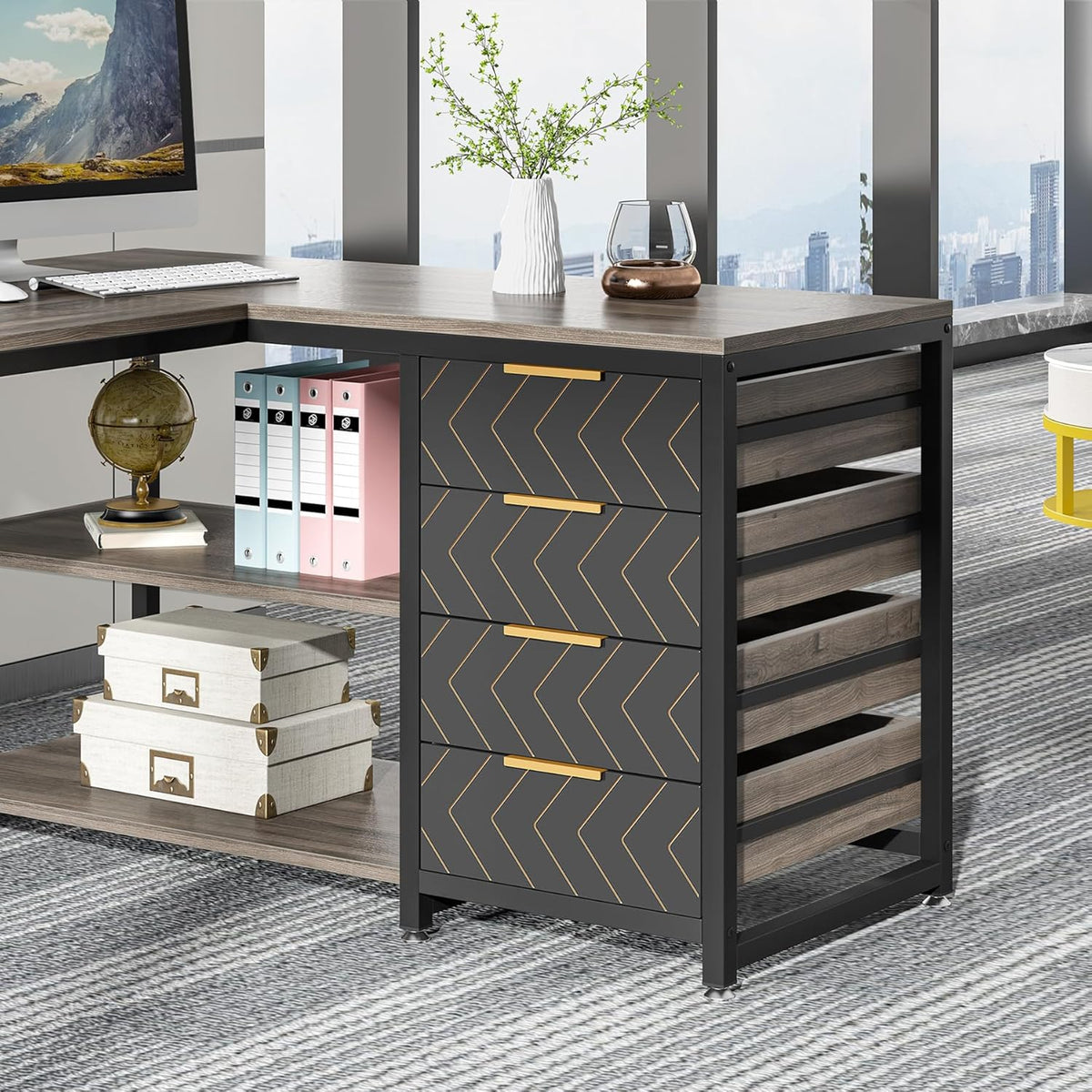 Tribesigns L-Shape Corner Desk with Shelves, Reversible L-Shape, with Monitor Stand and Shelves, for Office, Home, Brown, 150 x 120 x 75 cm (Grey)