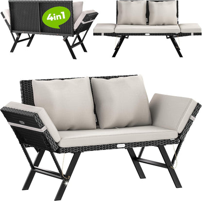 Casaria Polyrattan Garden Bench with Reclining Function Cushion Adjustable Armrests Weatherproof Garden Terrace Balcony Black - QUORE