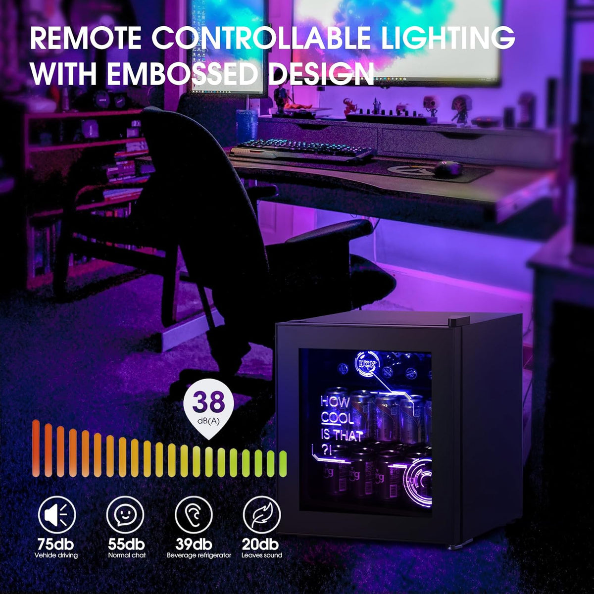 HCK 48L Cyberpunk Bierkoelkast met Moderne RGB Verlichting, Mini Koelkast met Glazen Deur, Dranken Koelkast Gaming Koelkasten, 0-15°C Regeling, voor Slaapkamers, Gaming Room, Feesten, Zwart